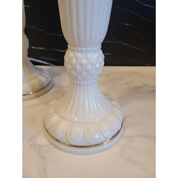 Lenox 10" Classic Ivory 24K Gold Trim Fluted Pillar Candle Holders Set of 2 EUC - Picture 3 of 8